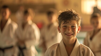 Fototapeta premium A young boy, joyous and smiling in his martial arts uniform, stands in a dojo setting. The background is blurred with other kids in uniforms indicating an active class atmosphere.