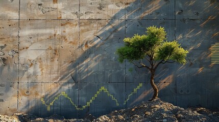 A resilient tree grows against an old, weathered concrete wall, with a jagged, fluctuating line graph superimposed, showcasing the contrast between nature and urban resilience.