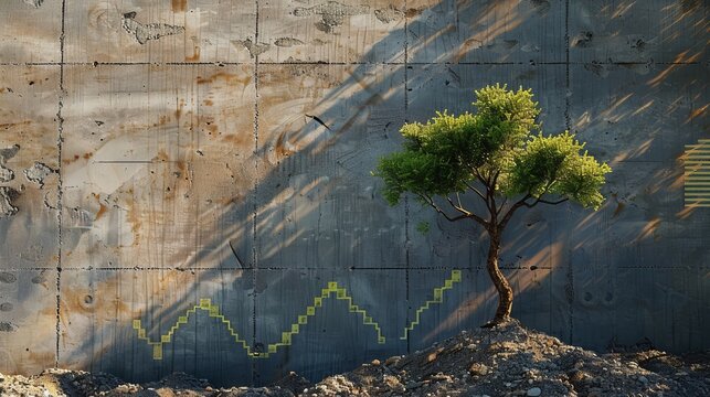 A resilient tree grows against an old, weathered concrete wall, with a jagged, fluctuating line graph superimposed, showcasing the contrast between nature and urban resilience.