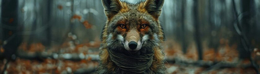 Obraz premium A Curious Fox in the Woods with a Mysterious Mask, Seeking Sustenance Amidst the Fallen Leaves, Wildlife Photography