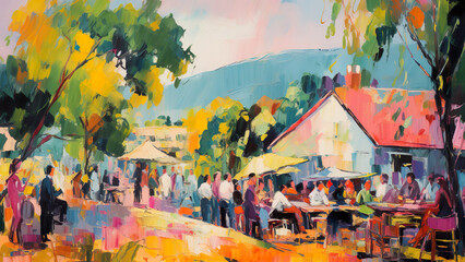 Naklejka premium Farmstead Festival - Painting, Fauvism, Painting, Art, Colorful Background, Paint Wallpaper