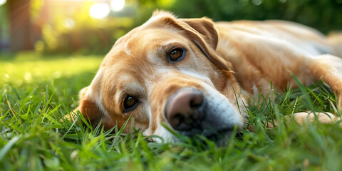 labrador dog old, resting, tired or hot in the prone position, ai generated.