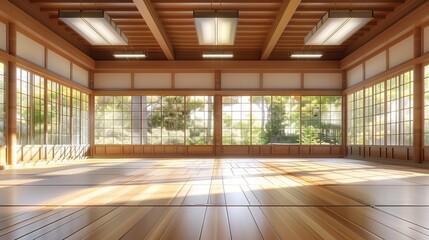 Obraz premium A spacious traditional Japanese room bathed in natural light, featuring wooden floors, large windows, and elegant simplicity, perfect for meditation or relaxation.