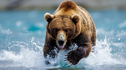 A determined grizzly bear charging through river water, creating dynamic splashes with its powerful movement, highlighting the wild and untamed nature of the beast.
