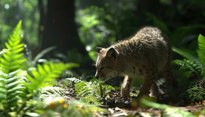 Obraz premium A Stealthy Carnivore Prowls Through Lush Green Foliage, Wild Cat in Dense Jungle Undergrowth, Nature Photography