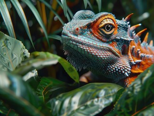 Close-up of a Vibrant Blue and Orange Lizard Camouflaged in Lush Green Foliage, Displaying its Carnivorous Nature in a Natural Outdoor Habitat