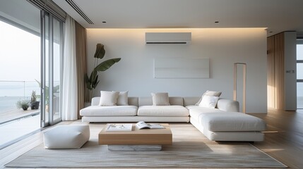 minimalist interior design, a soft hum from the air conditioner creates a tranquil ambiance in the simple, calm living room with a minimalist feel