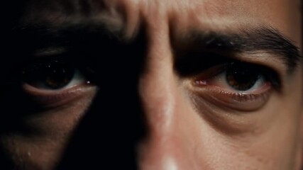 This Close-up of a man's face, showing his eyes wide open with fear. Emotion anxiety
