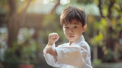 A focused child in a white martial arts uniform practices his karate moves with intensity outdoors, demonstrating discipline and a strong martial arts pose.