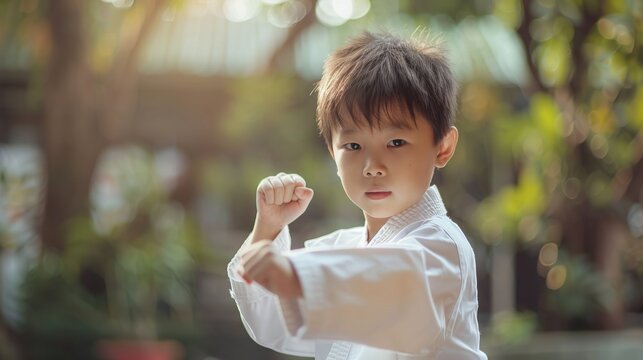 A focused child in a white martial arts uniform practices his karate moves with intensity outdoors, demonstrating discipline and a strong martial arts pose.