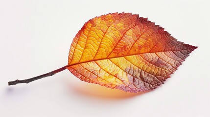A single, vibrant autumn leaf stands out against a stark white background, highlighting its rich colors and intricate details, a true representation of autumn’s simplicity and beauty.