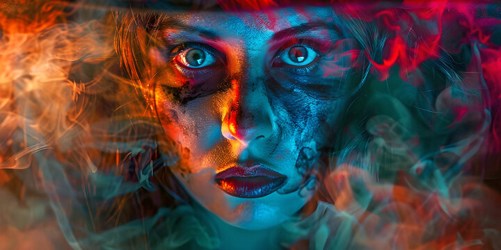 face of a woman in fire and  smoke flames,