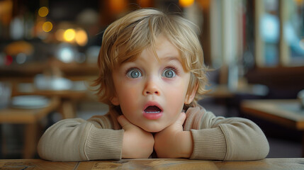 An expressive portrait of a child with wide eyes and an open mouth, displaying genuine surprise or astonishment. The child&rsquo;s face is a mix of curiosity, innocence, and wonder.
