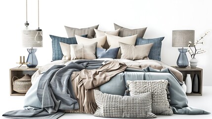 Chic bedroom decor items such as pillows, throws, and bedside lamps on a clean white background. 32k, full ultra HD, high resolution