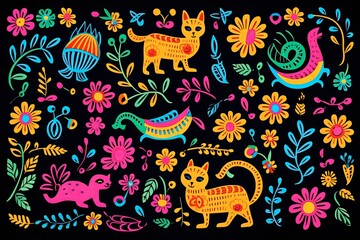 Fototapeta premium Embroidery Mexican Textile Pattern eighth Unique Floral and Animal Motifs.