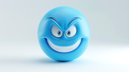 A 3D-rendered blue face emoji with a sly grin, eyebrows slightly raised, isolated on a white background, suggesting a playful and cunning demeanor