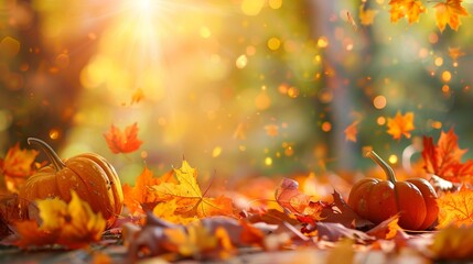 An inviting autumn scene featuring bright pumpkins surrounded by a cascade of falling orange leaves, beautifully illuminated by sunlight, capturing the essence of the fall season.