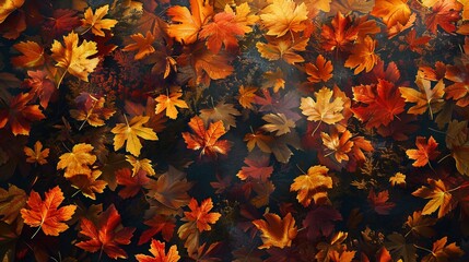 A captivating scene of vibrant autumn leaves blanketing the forest floor, showcasing an array of fiery colors in rich reds, oranges, and yellows under a subdued canopy.