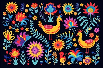 Obraz premium Embroidery Mexican Textile Pattern eighth Unique Floral and Animal Motifs.