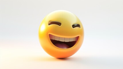 Fototapeta premium A 3D yellow to orange gradient face emoji laughing heartily, eyes closed and mouth open, set against a white background, depicting joy and laughter