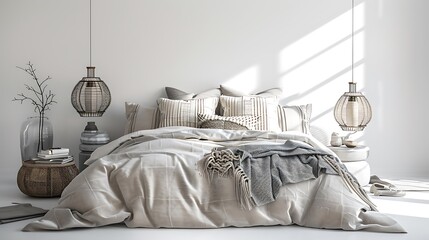 Chic bedroom decor items such as pillows, throws, and bedside lamps on a clean white background. 32k, full ultra HD, high resolution