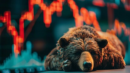 A bear lies down, indicating a bearish market trend, with red descending stock charts in the background, symbolizing financial market decline.