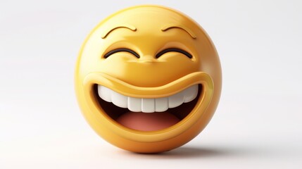 A giggling girl face emoji with closed eyes and a wide, open-mouthed smile, isolated on a white background, exuding cheer and lightheartedness