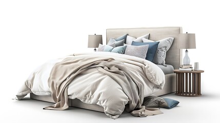 Chic bedroom decor items such as pillows, throws, and bedside lamps on a clean white background. 32k, full ultra HD, high resolution