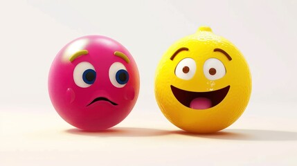 A set of two emojis, one in simple magenta expressing deep thought, and another in lemon yellow smiling jubilantly, against a white backdrop