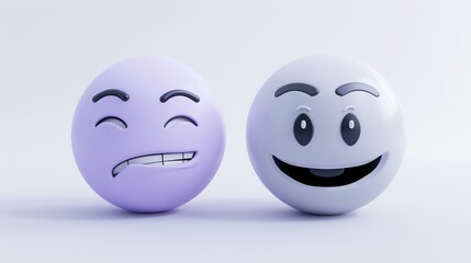A set of two emojis, one in simple lavender smirking, and the other in light gray showing a thoughtful gaze, against a white background