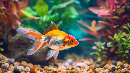Obraz premium A vivid image of a goldfish with bright orange and white colors swimming among lush green and pink aquatic plants, showcasing the beauty of underwater life.
