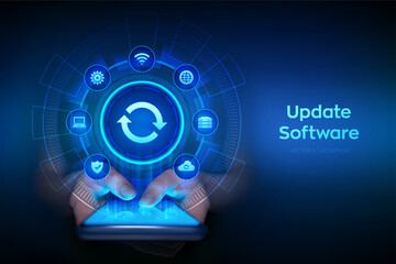 Update Software. Upgrade Software version concept. Computer program upgrade business technology internet concept. Smartphone in hands. Using smartphone. Vector illustration.