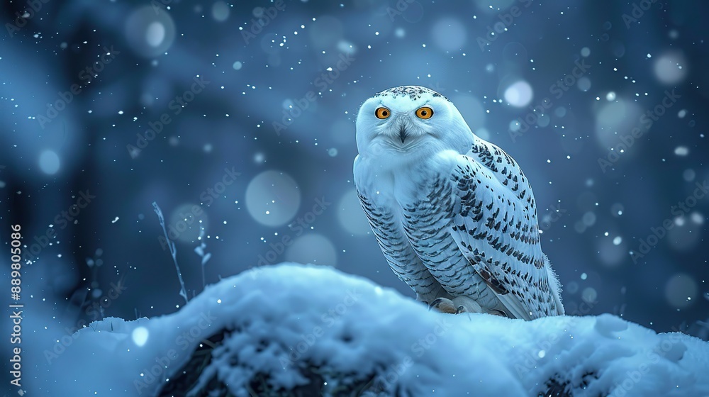 Sticker snowy owl in winter wonderland