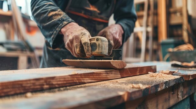 A person learning carpentry, sanding a wooden plank and building a piece of furniture
