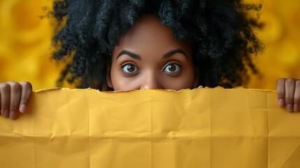 A young woman with curly black hair peeks through a bright yellow paper with wide open eyes and a curious expression, adding a playful and whimsical touch to the image. Copy space.
