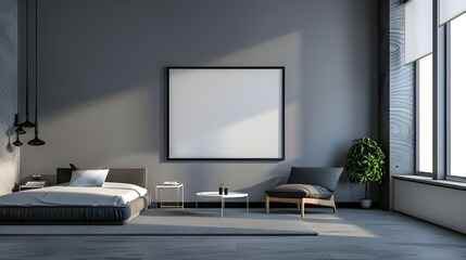 A modern bedroom with grey walls, minimalist furniture, and a large framed artwork, creating a stylish and serene atmosphere
