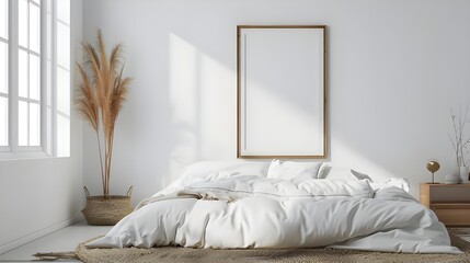  A minimalist bedroom with white walls, simple furniture, and a large framed artwork, creating a clean and serene atmosphere