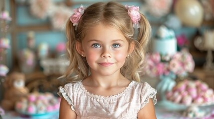 Fototapeta premium Captivating portrait of a charming girl with blonde hair and blue eyes, in a white dress with a pink bow. She smiles, looks at the camera against a soft pink background.