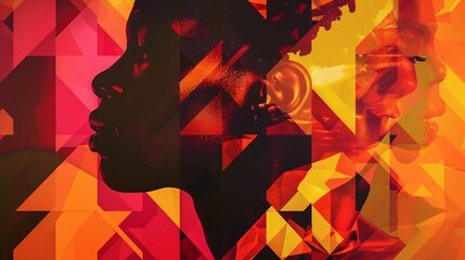 A dynamic artwork featuring dual profile silhouettes set against an abstract backdrop of geometric patterns and vibrant hues, creating a captivating visual narrative.