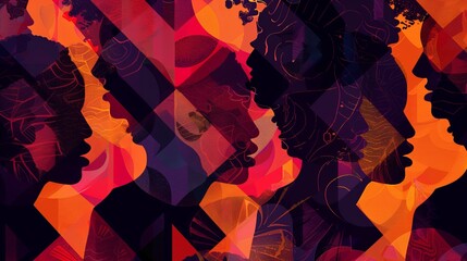 A mesmerizing piece showcasing several silhouetted faces in layered colors and abstract shapes, each profile intersecting with vibrant patterns and emotional undertones.