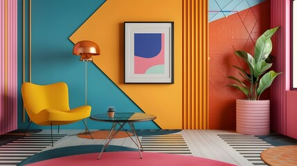 An eclectic living room with vibrant orange and blue walls, featuring a framed abstract painting, colorful furniture, and unique decor elements.