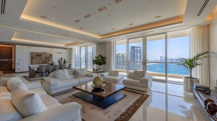 Fototapeta premium A luxurious living room with panoramic city views, featuring modern furniture and elegant decor, creating a sophisticated and spacious atmosphere.