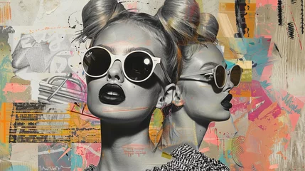 Tableau sur plexiglas  A vibrant artistic collage showcases a person with a double bun hairstyle. The background is filled with various colorful and abstract elements, adding a dynamic feel to the image.  © Damerfie
