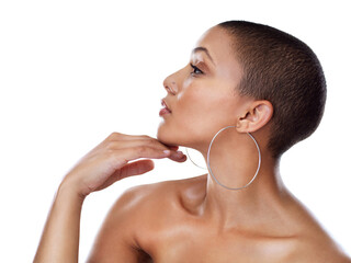 Profile, woman and hand for beauty, studio and face for skincare on white background. Earrings,...