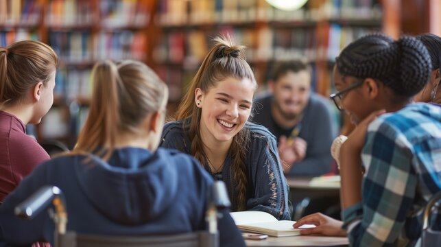 Young student girl with disability cooperating on class project in library with college friends, using wheelchair, sitting at table, talking, chatting with classmates, laughing