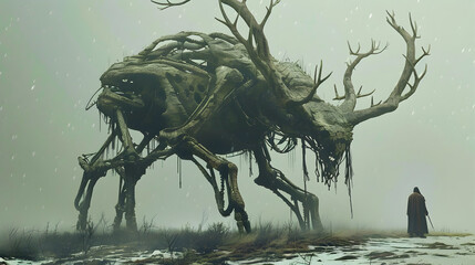 Haunting Dystopian Creature in a Surreal Apocalyptic Landscape   A nightmarish twisted entity emerges from the mist hinting at a grim unsettling future  This digital