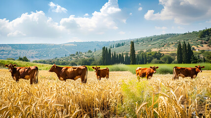 Five red cows grazing peacefully in a picturesque wheat field landscape with rolling hills and a scenic view near the holy city of Jerusalem
