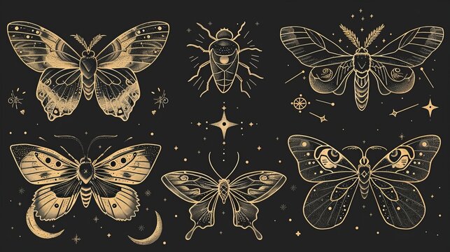 Six intricately detailed golden moth and bug illustrations are set against a black background, showcasing artistic and elegant elements with celestial motifs.