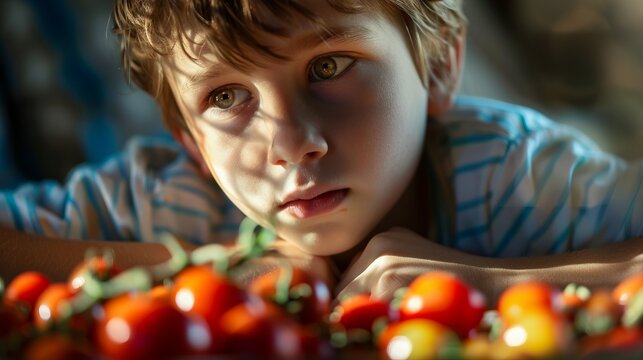 In a warmly lit room, a child in a striped shirt is transfixed by a collection of bright red tomatoes on a table, displaying wonder and attention to the natural produce.