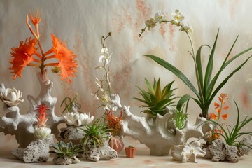 Floral Still Life with White Coral and Tropical Plants